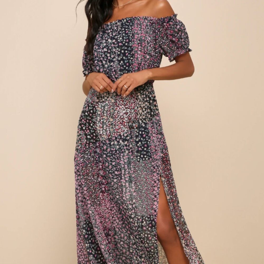 Lulu's Black Floral Off-Shoulder Maxi Dress with Pink & White Accents